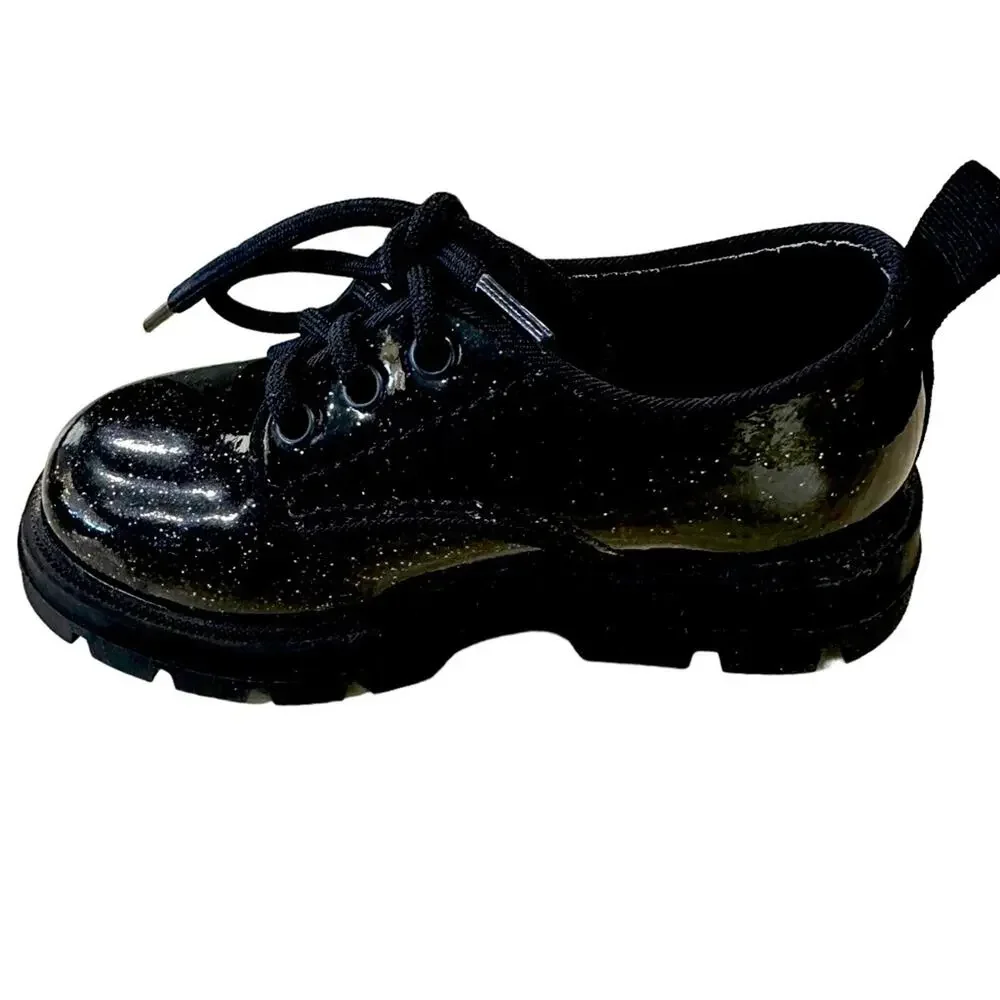 Zara kids‎ girls sparkly black faux patent oxfords lace up shoes EU 22
